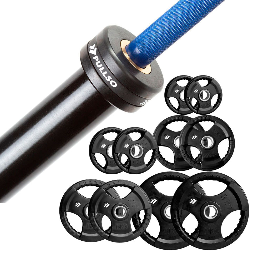 Pack Barra Olímpica 15 Kg Cerakote Premium Class Blue + Discos Olímpicos Grip 5 pares 105 kilos Pullso Fitness